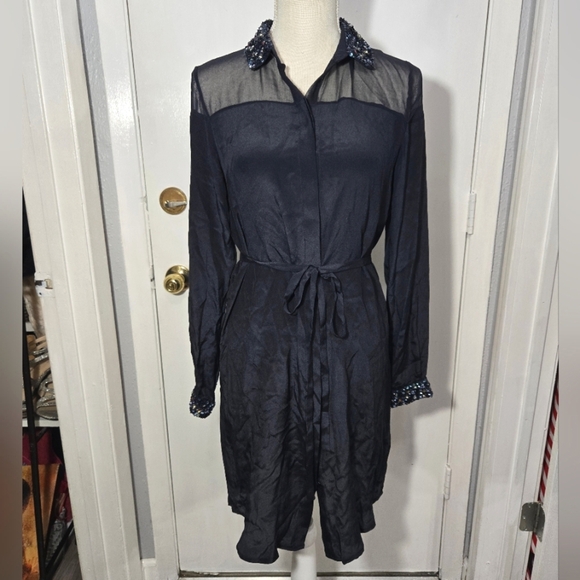 French Connection Silk Button Up Dress Long Sleeve With Sequins Detail Sz 2 - Picture 10 of 12